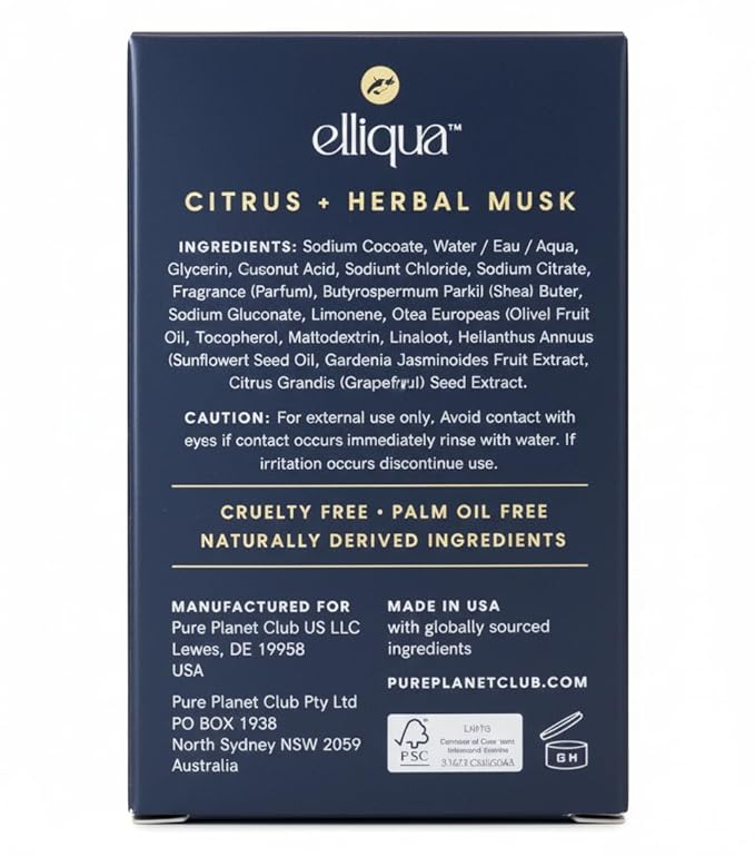 Elliqua Triple Milled Body Bar Soap – No.1 – Citrus & Herbal Musk – Made in USA – Vegan, Plastic-Free, Natural, Eco-Friendly, Long-Lasting, Cruelty-Free – No Parabens or Sulfates