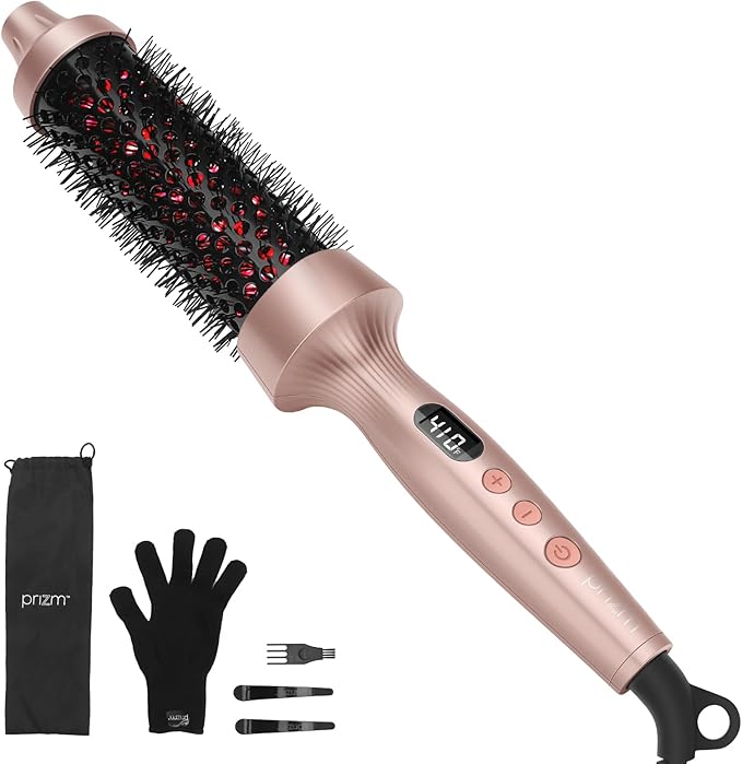 Prizm Infrared Thermal Brush Curling Brush, 1.5 Inch Ionic Heated Round Brush for Blowout Look, 4 Temp Settings & LED Display, Anti-Scald Design, Dual Voltage Hot Brushes for Voluminous Curls, Gold
