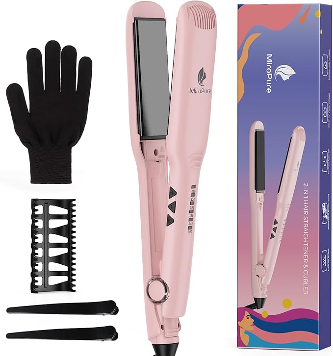 MiroPure 1.5 Inch Flat Iron, Hair Straightener with 30S Fast Heating & 60min Auto Shut-Off, Hair Straightener and Curler 2 in 1 with 3D Ceramic Floating Plates