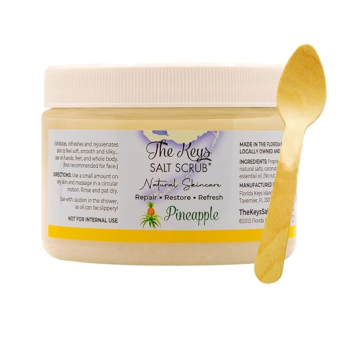The Keys Salt Scrub -Sea Salt Scrub - Exfoliating Body Scrub with Wooden Spoon - Moisturizing Exfoliator for Hands, Foot, Bath, (Pineapple) (12 Fl Oz (Pack of 1), Pineapple)