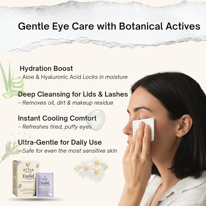 ATTIA Eyelid & Lash Cleansing Wipes With Tea Tree Oil- For Dry & Itchy Eyes, Individually Wrapped Eyelash Wipes With Aloe Vera, Natural Makeup Remover & Daily Eye Cleanser - 30 Count
