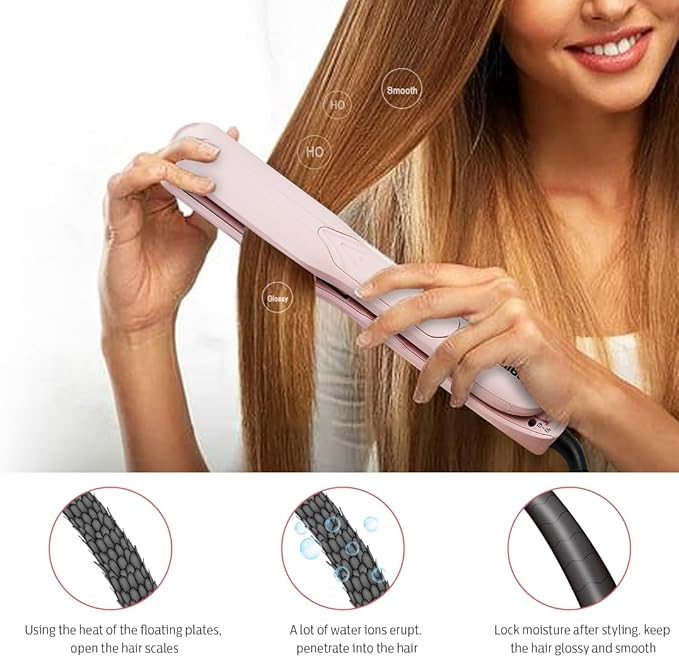 Caliber VaPURE Hair Straightener, Infrared Ultrasonic Spray Mist Flat Iron, Ceramic Plates, 5 Temperature Settings, Pink