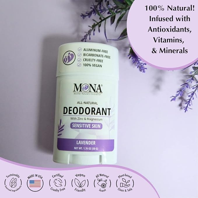 MONA BRANDS All Natural Deodorant For Women & Men | For Sensitive Skin | No Aluminum or Baking Soda | (2-Pack LAVENDER 1.76 Oz each)