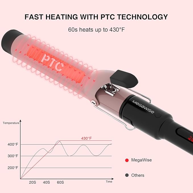 MegaWise Pro 1 1/4 inch Ceramic Barrel Hair Curling Iron, 60s PTC Fast Heating Tech, Anti-Scald Insulated Grip &Tip, Auto Shut Off and 360° Swivel Cord, 2 Clips and Heat-Resistant Glove Included
