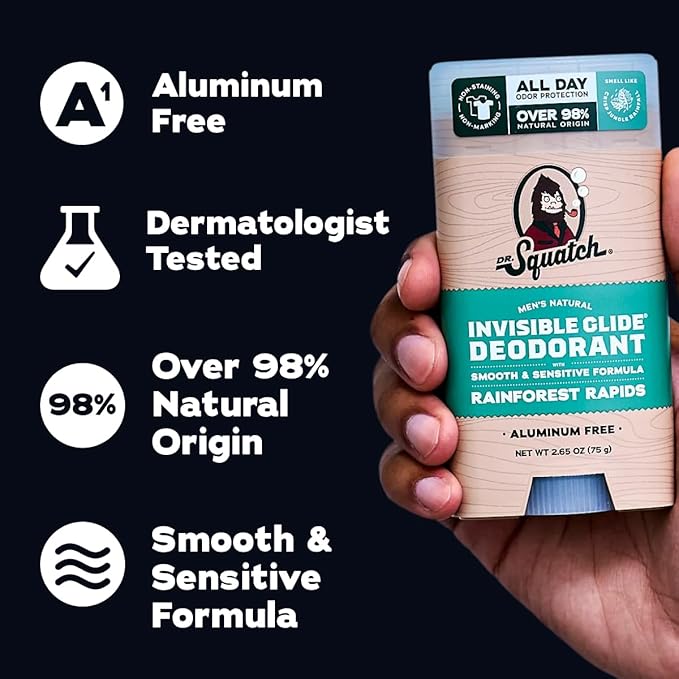 Dr. Squatch Invisible Glide Deodorant – Natural Smooth Roll On, No Stains, Aluminum Roll & Dermatologist-Tested Formula Suits Sensitive Skin – Coconut Castaway + Rainforest Rapids, 2.65oz (2-Pack)