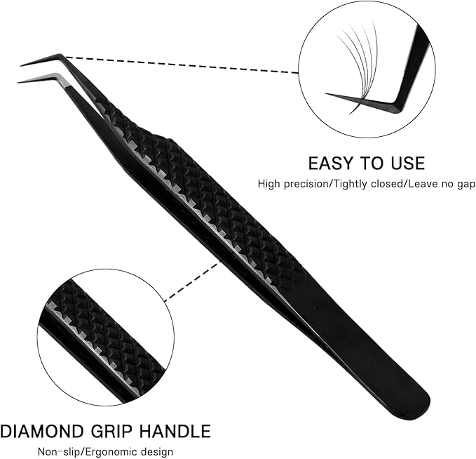 VAVALASH Lash Tweezers for Eyelash Extensions, Fiber Tip Diamond Grip 90 Degree Tweezers for Lash Extension,Professional Precision Black Lash Tweezers for Volume & Classic Lashes (90 Degree Tweezers)