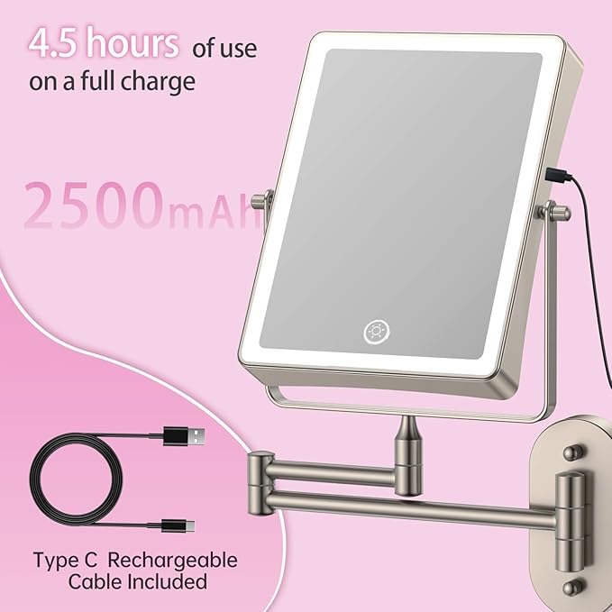 FASCINATE Rechargeable Wall Mounted Makeup Mirror, 8.7" Double Sided Touch Switch 1X 10X Rectangle Magnifying Mirror Wall Mounted, 3 Color Setting, Extended Arm 360° Swivel Foldable Nickel