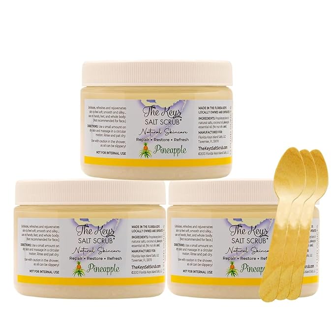 The Keys Salt Scrub -Sea Salt Scrub - Exfoliating Body Scrub with Wooden Spoon - Moisturizing Exfoliator for Hands, Foot, Bath, (Pineapple) (12 Fl Oz (Pack of 3), Pineapple)