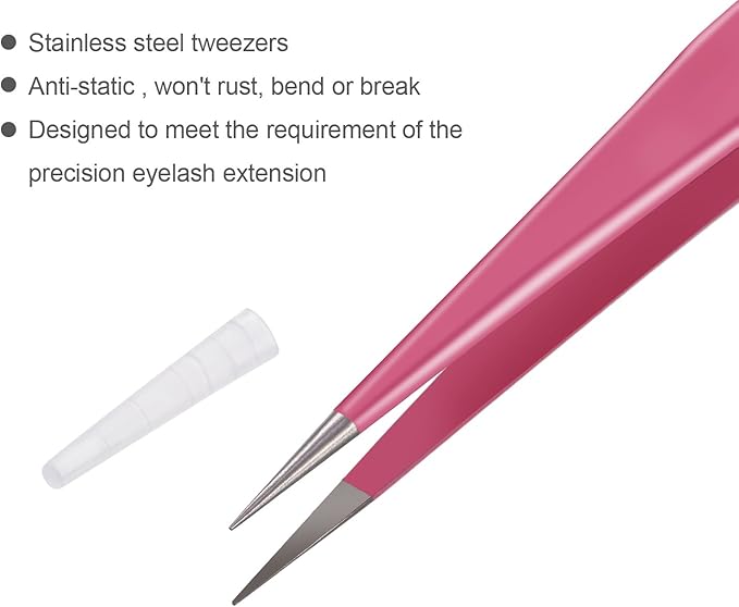 Hotop 2 Pieces Straight and Curved Tip Tweezers Eyelash Extension Tweezers, Stainless Steel False Lash Application Tools (Pink)