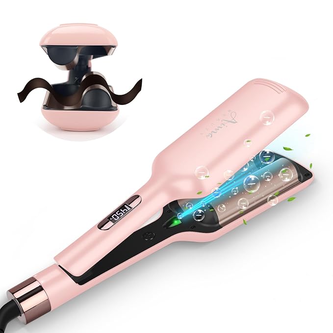 32mm (1.25") Aima Beauty Twins Mermaid Loose Waves Hair Waver, Anti-Scald Wave Curling Iron, Curling Wand 2 Barrel Hair Crimper for Women PTC 15S Heats Up Dual Voltage Medium/Long Hair Pink