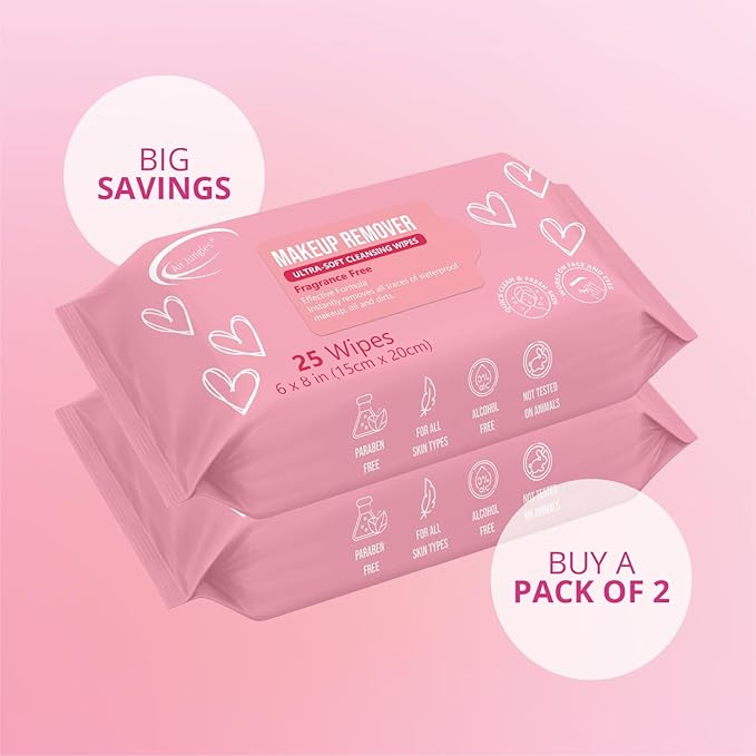 Air Jungles Makeup Remover Wipes 25 Count (Pack of 2), Alcohol-Free & Fragrance-Free, Extra Large Facial Towelettes for Face & Eyes, Removes Waterproof Makeup, Infused with Vitamin E