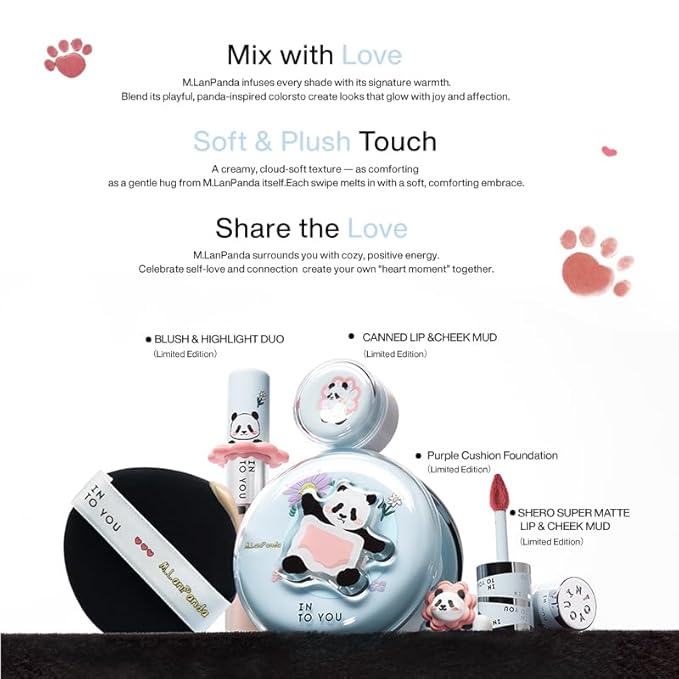INTO YOU x M.Lan Panda The Color Mixer Set Limited Edition - 7 pieces Makeup Box Sets, Matte Lipstick + Canned Lip Mud + Blush & Highlight Duo + Cushion Foundation + Gift Bundle, L02 Set