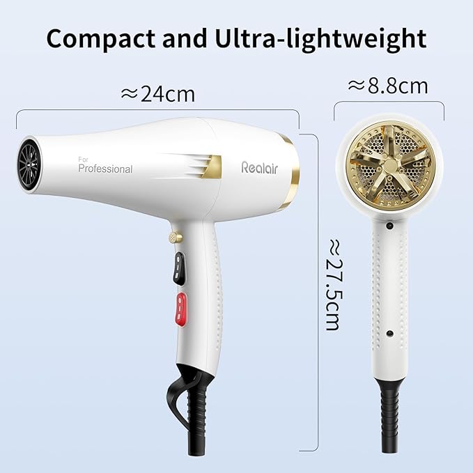 Salon Hair Dryer, Professional Blow Dryer AC Motor Fast Drying with 2 Speed, 3 Heat Setting, Cool Button, with Diffuser, Nozzle, Concentrator Comb for Curly & Straight Hair