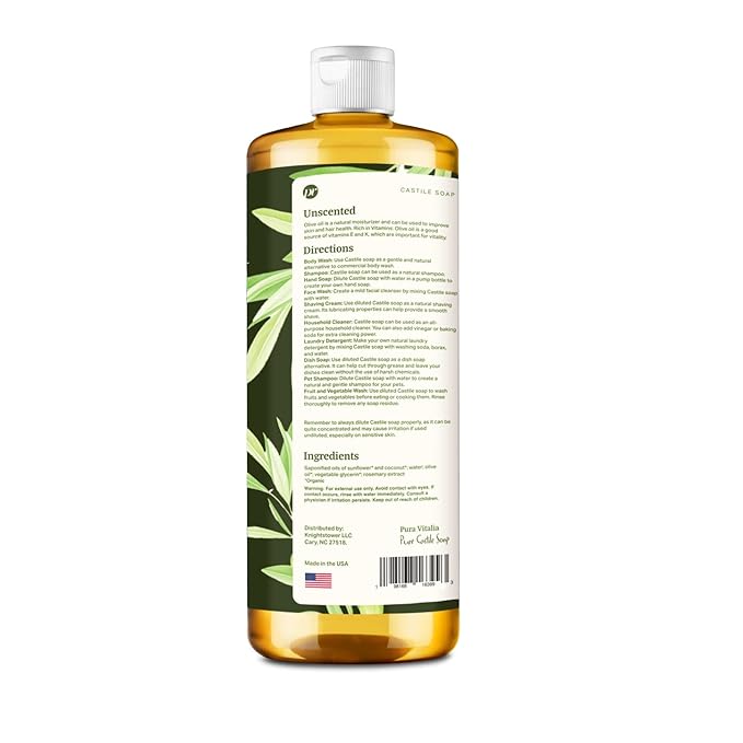 Unscented Organic Castile Soap | Body Wash & Cleanser for Face & Hands | Biodegradable, Eco-Friendly, Palm Oil Free, Vegan & Gentle | Made with 6 Natural Ingredients | 32 oz