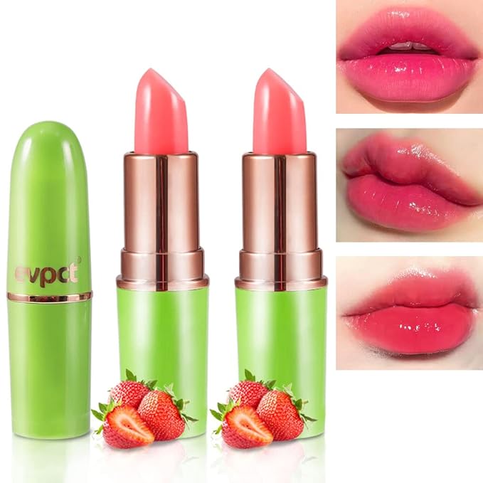 BINGBRUSH Aloe vera Color Changing Lipstick,Moisturizer Long Lasting Lip Care Magic Lip Gloss,Makeup Lipstick Set (2pcs Strawberry, 2 Count (Pack of 1))