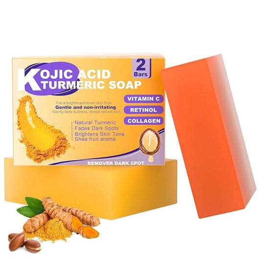 Turmeric Kojic Acid Soap for Dark Spot, Brighten Skin Face and Body Cleanser with Shea Butter, Vitamin C, Moisturizing Natural Skincare（2pcs）