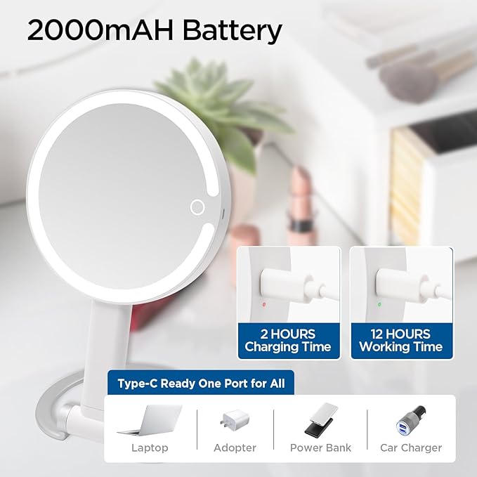 Portable Travel Makeup Mirror with Lights - 3 Color Dimmable Lights, 360° Rotation, Rechargeable Double-Sided 1X/10X Magnifying Mirror, Adjustable Brightness for Tabletop, Home & On-the-Go Use