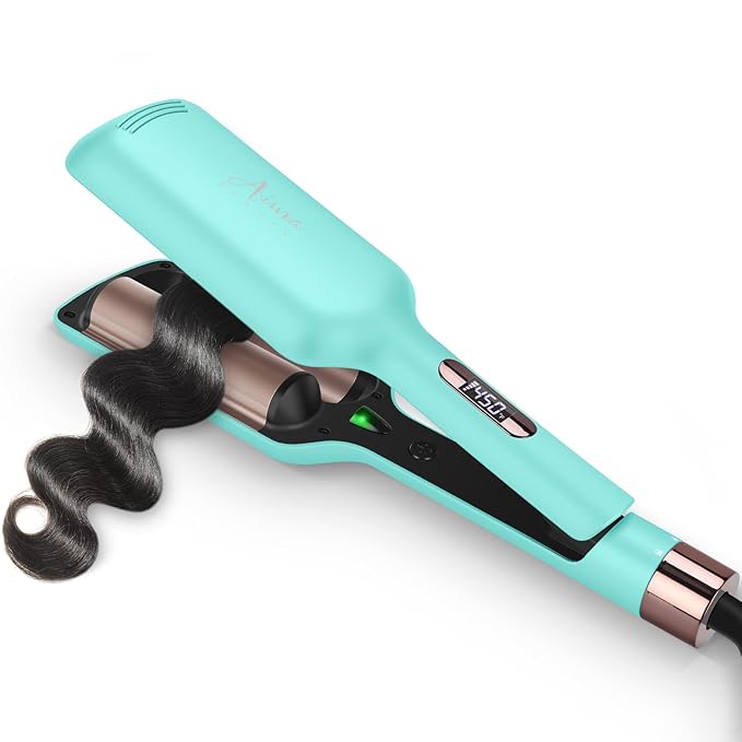 32mm (1.25") Aima Beauty Twins Mermaid Loose Waves Hair Waver, Anti-Scald 2 Barrel Curling Iron, Hair Crimper, Ionic Care Wave Iron Worldwide Dual Voltage 15S Heats Up Medium/Long Hair Light Green