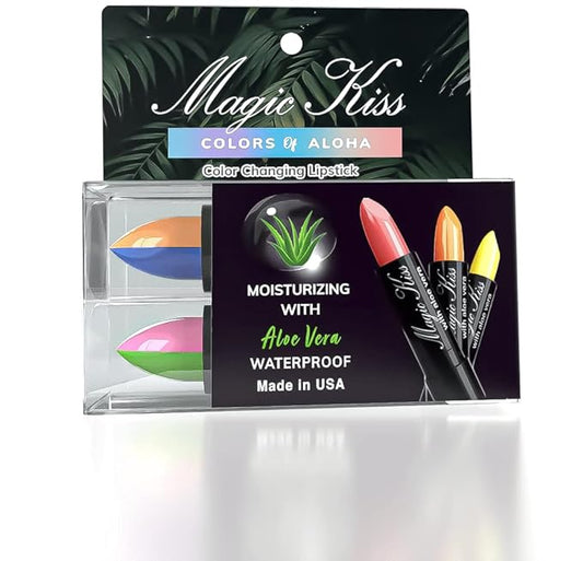 Magic Kiss Color Changing Matte Lipstick set, Long Lasting Nutritious Lips Moisturizer Magic Temperature Color Change Lip Balm with Aloe Vera MADE IN USA (2 Pack - Split A Green/Pink & Blue/Orange)