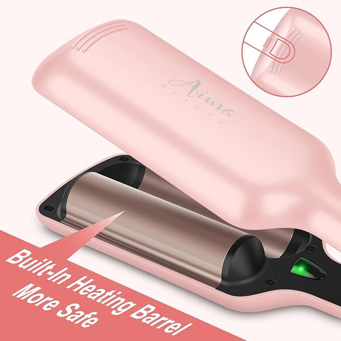 32mm (1.25") Aima Beauty Twins Mermaid Loose Waves Hair Waver, Anti-Scald Wave Curling Iron, Curling Wand 2 Barrel Hair Crimper for Women PTC 15S Heats Up Dual Voltage Medium/Long Hair Pink