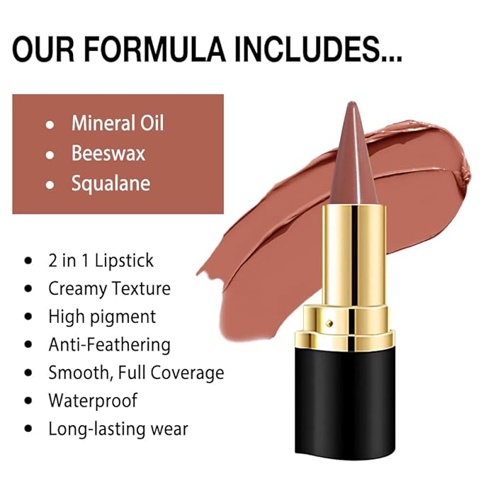 evpct 3Pcs DarK Light Nude Brown Matte Lip Liner and Lipstick Combo Set for Women Long Lasting, Cream Gradient Lipstick and Lip Liner Crayon Contour Pencil Makeup, Flawless Ombre Effect, Waterproof