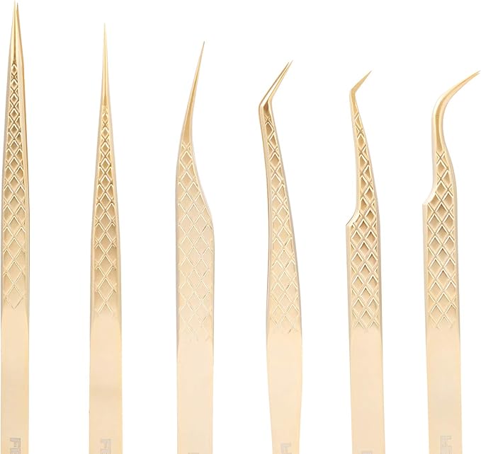 FEITA Eyelash Extension Tweezer Set Gold Lash Applicator Tool - Precision Lashes Diamond Grip Tweezers for 2D-6D Volume & Individual Eyelashes Extensions Supplies (6Pcs)