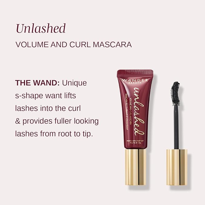 Wander Beauty Unlashed Volume & Curl Mascara - Volumizing, Lash Curling Mascara - 9 in 1 Multitasking Smudge-Proof Black Mascara - Nourish & Reduce Fallout With Peach Leaf, Vitamin E & B5 - 0.31 fl oz
