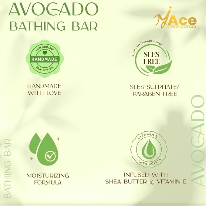 MY ACE Avocado Moisturizing Bathing Bar – Natural Handmade Soap with Avocado & Coconut Oil, Shea Butter & Vitamin E, SLES-Free, Gentle on Skin (3.5oz Each, Pack of 3)