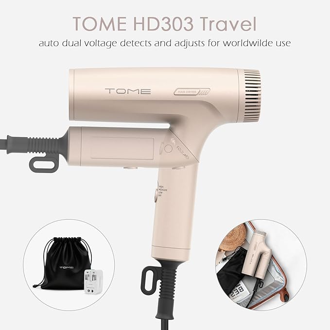 TOME 1200W Hair Dryer Travel Dual Voltage 120V/240V Foldable Blow Dryer with Diffuser Comb Nozzle Storage Bag Universal Power Adapter (Pink)