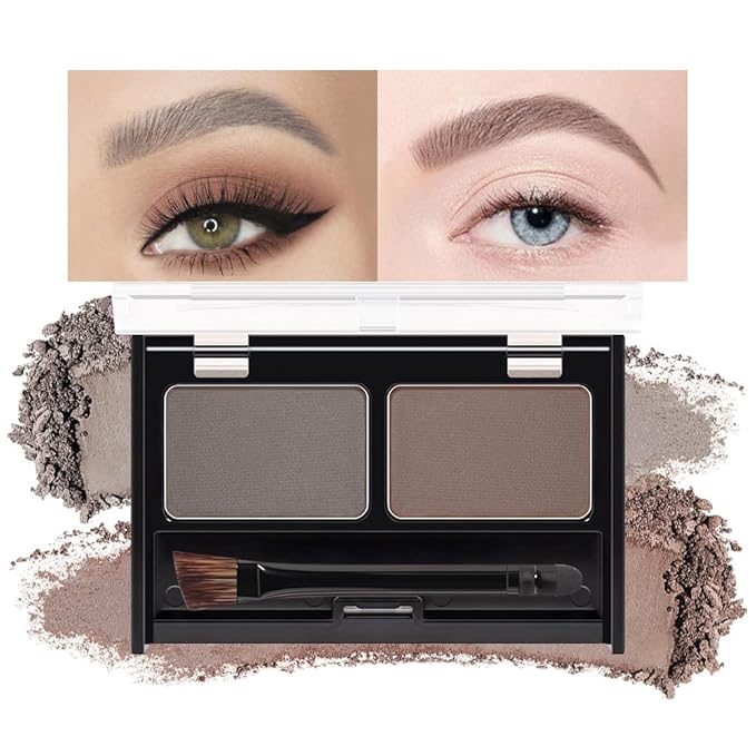 Eyebrow Powder Kit, Long-Lasting Waterproof Two Colors Matte Brow Powder, Eye Brow Powder for Women with Double-ended Eyebrow Brush, Purse-Friendly Compact (A02# Dark Brown+Grey, 1Pcs)