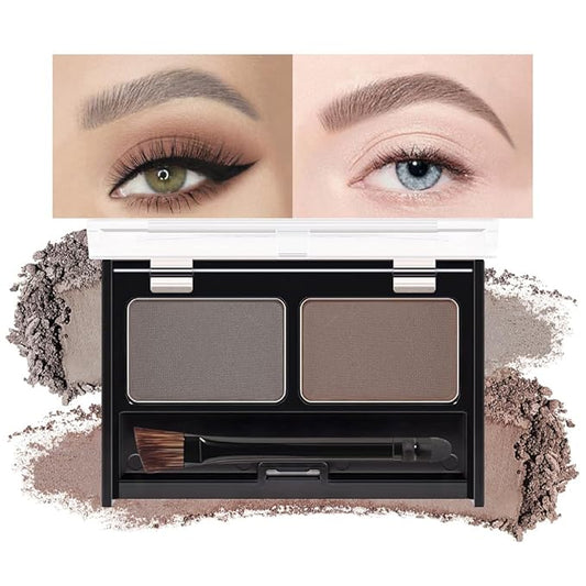 Eyebrow Powder Kit, Long-Lasting Waterproof Two Colors Matte Brow Powder, Eye Brow Powder for Women with Double-ended Eyebrow Brush, Purse-Friendly Compact (A02# Dark Brown+Grey, 1Pcs)