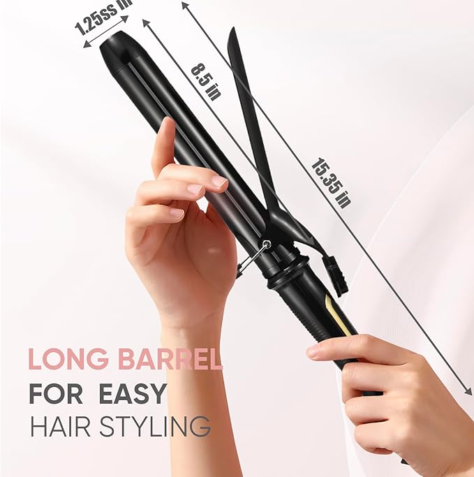 LANVIER 1.25 Inch Curling Iron, Extra Long Barrel 1 1/4 Inch Curling Iron for Long Hair up to 450F, Worldwide Dual Voltage Hair Curler for Traveling, Hair Waving Style Tool Black