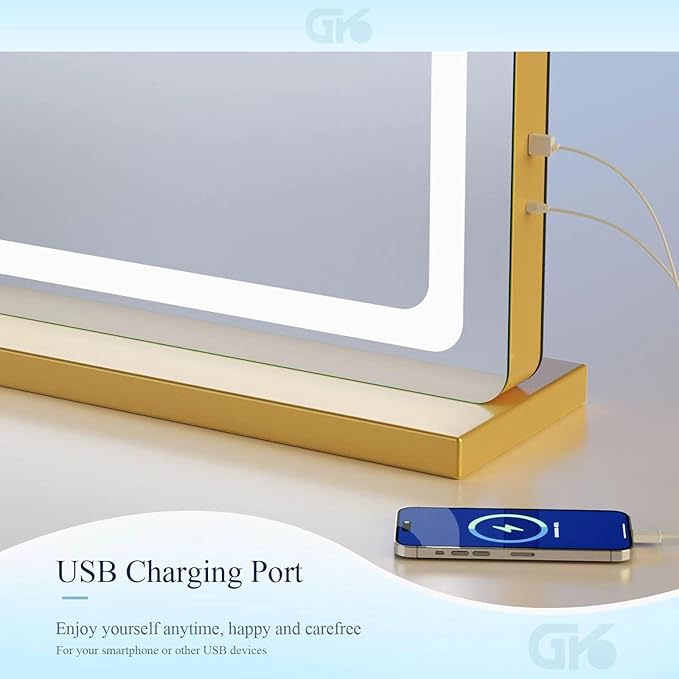 Makeup Vanity Mirror with USB Charging Port 19" L x 24" W LED Makeup Mirror, Desk Mirorr with Lights, Light up Mirror with 10X Magnification and, Dimmable 3 Modes, Touch Control Gold