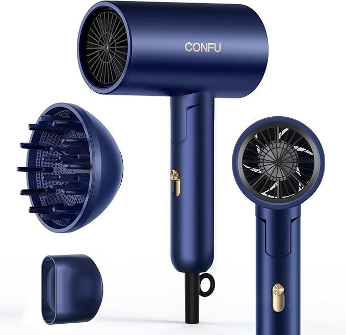 CONFU Diffuser Hair Dryer for Curly Hair,1500W Fast Drying Blow Dryer with Diffuser for Women,Compact & Portable Negative Ion Hairdryer Blowdryer,Lightweight and Foldable Design for Travel(Blue)