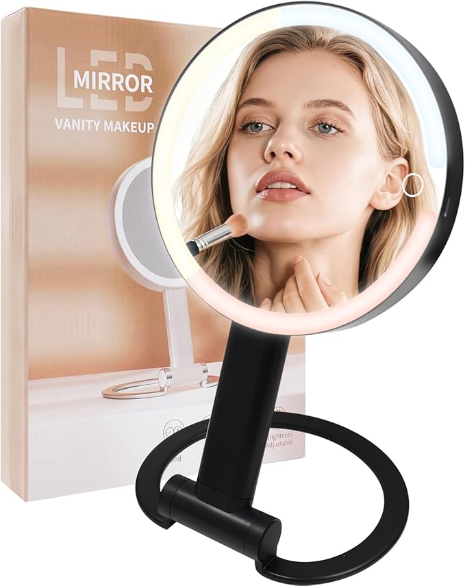 Lighted Makeup Mirror with 3 Color Modes & Dimmable Brightness, 360° Rotation, Double-Sided 1X/10X Magnifying Mirror, Rechargeable Portable Vanity Mirror for Home and Travel, Touch Control - White