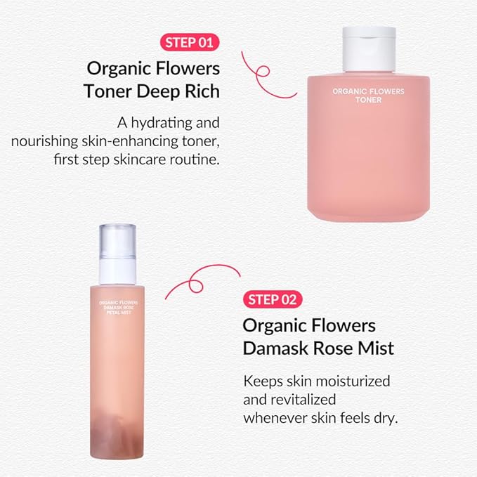 Whamisa Organic Flowers Damask Rose Petal Mist, Facial Mist Spray, Waterless Formula, Fermented Postbiotics, Hydration, Portable, Korean Skin Care (100ml)