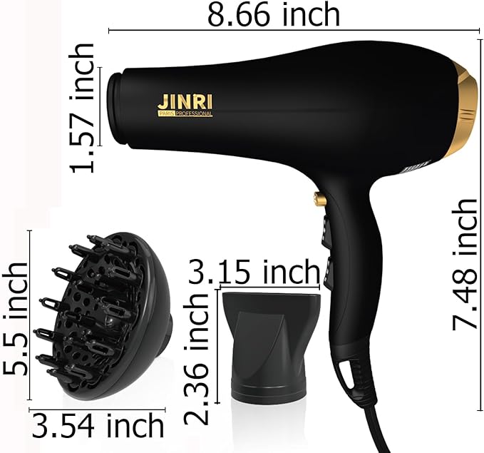 JINRI Hair Dryer, 2000W, 3 Heat & 2 Speed, Detachable Air Intake, with Diffuser, with Concentrator, Hanging Strap, Non-Foldable, Black