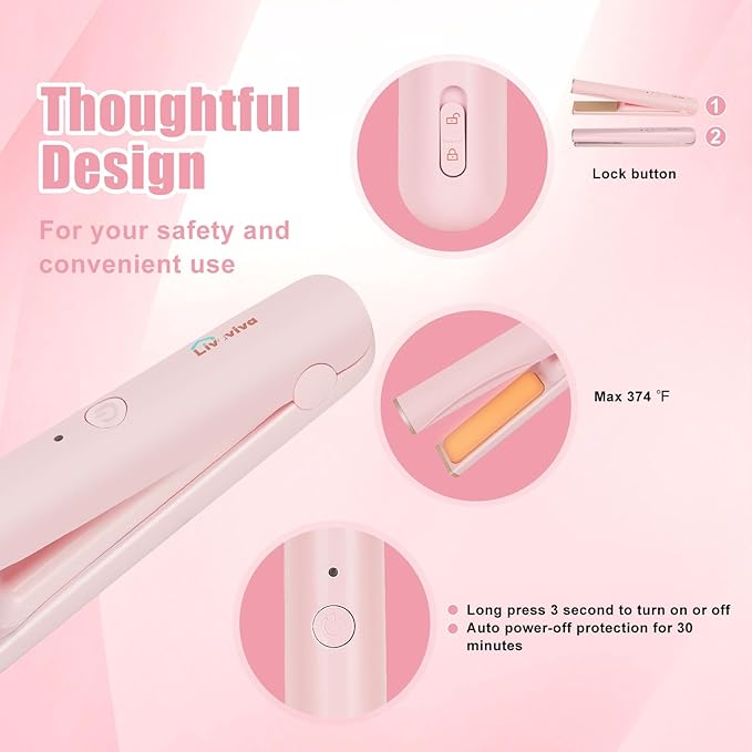 Mini Portable Cordless Hair Straightener,USB Rechargeable，Rapid Heating can Work continuously for 40 Minutes,Wireless Curling Iron for Travel (Pink)