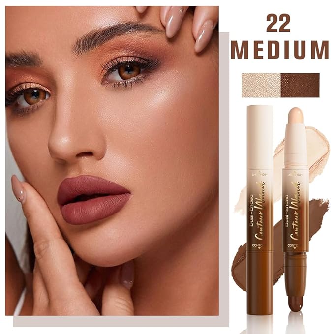2in1 Nude+Light Beige Cream Contour Highlighter Stick, Dual-Ended Highlighter Makeup Contour Stick, Contour Stick Dual Ended For Face Body Makeup, Long Lasting Waterproof for All Skin Tones