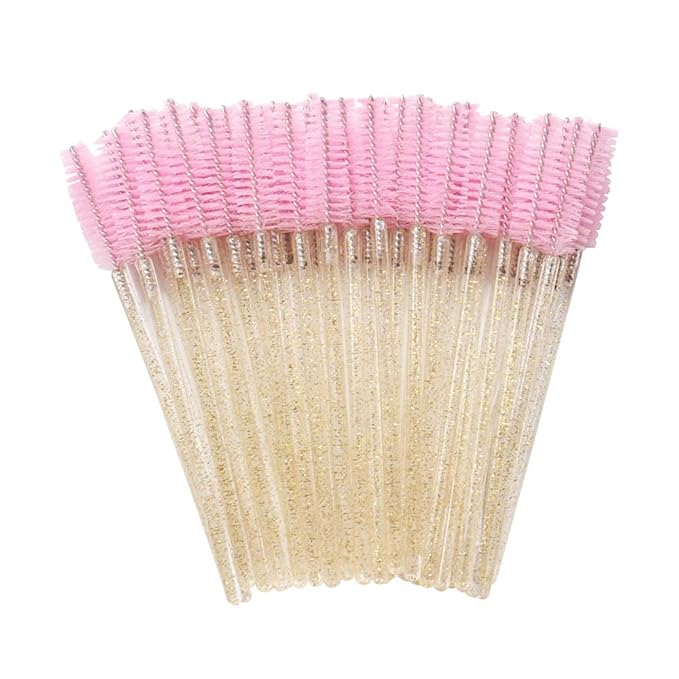 300 Pack Glitter Mascara Wands Disposable Eye Lash Brushes Spoolies Brush Makeup Applicator Eyelash Extension Tool Kit, Crystal Gold Handle Pink Brush Head