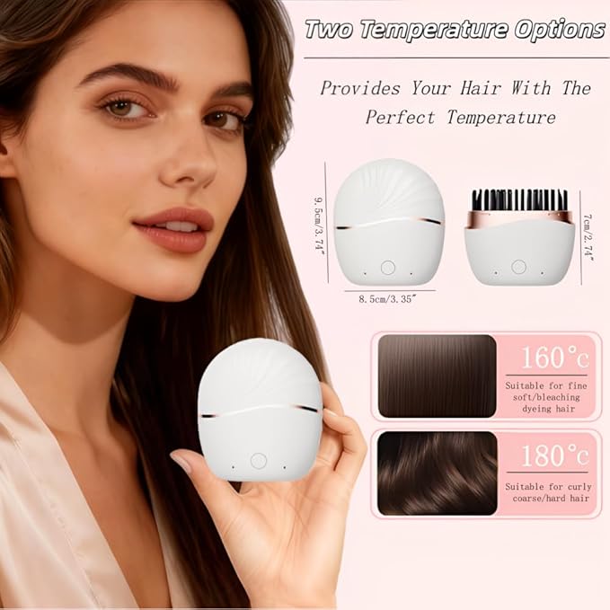 Mini Hair Straightener Brush, Portable Brush for Women Hair Care, Rechargeable Hair Straightener Comb with 2 Temperature Settings & Built-in Mirror, Straight Hair Comb for Home Travel (White)