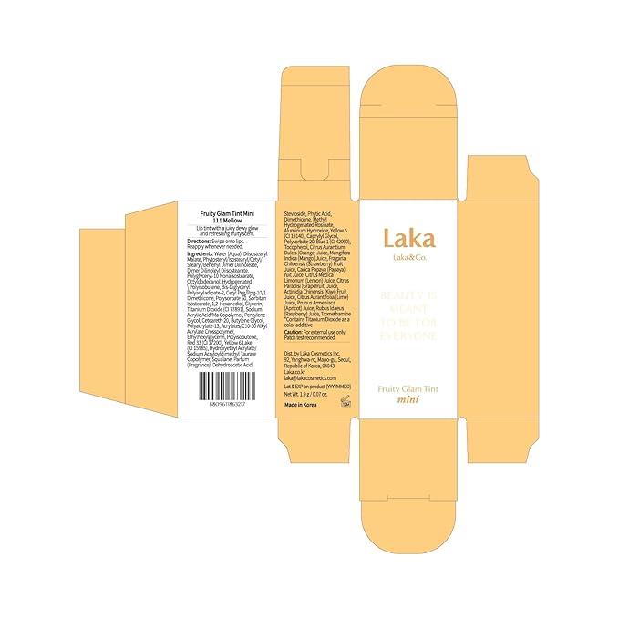Laka Fruity Glam Lip Tint Mini, Glowing Lip Stain with Wide Color Spectrum, Hydrating & Lightweight Texture, Long-Lasting Bold Stain, Non-Sticky, Vegan, K-Beauty (111 Mellow)
