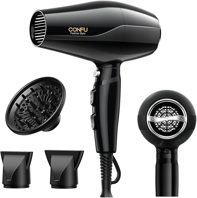 Professional Salon Hair Dryer, CONFU 1875 Watt Negative Ionic Fast Drying Blow Dryer, AC Motor Low Noise Hair Blow Dryer with Diffuser & 2 Concentrator Nozzles