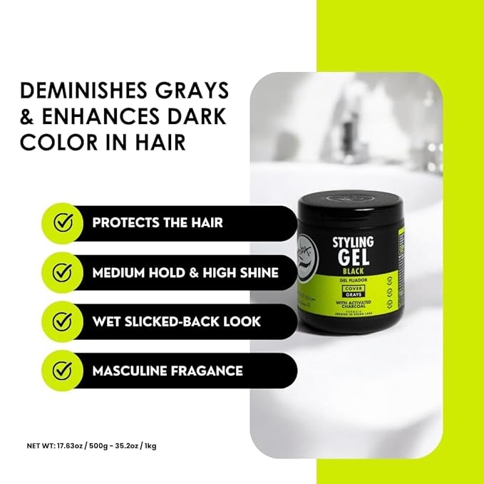 Rolda Black Styling Hair Gel - Medium To Strong Hold With Medium Shine For a Wet Slicked Back Look With All Day Hold - Activated Black Charcoal Covers Grey Hair Instantly 35.2oz
