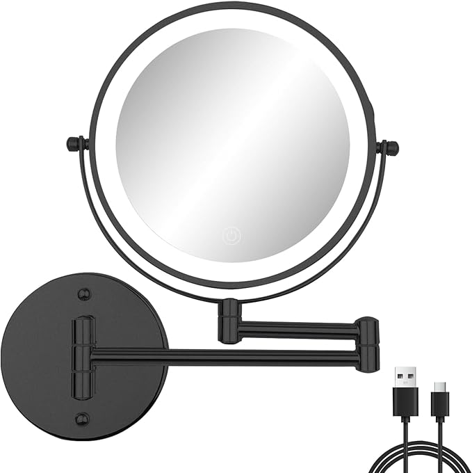 Rechargeable 8” Wall Mounted Makeup Mirror with Lights, 1X/10X Double-Sided, 2000mAh Battery, 3-Color Touch Control LED, Foldable Extendable Arm, Lighted Bathroom Vanity Mirror – Black