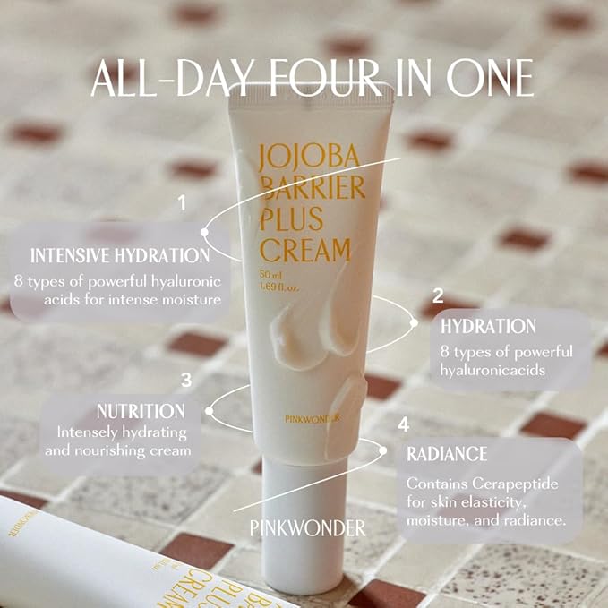 PINKWONDER Jojoba Barrier Plus Cream 1.69oz(50ml), 24HR Long Lasting facial Moisturizier Face Cream, Jojoba Oil and Hyaluronic Acid for Dry Sensitive Skin, Korean Skin Care