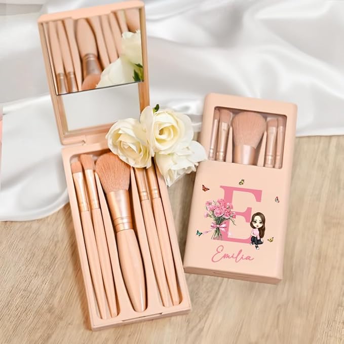 callie Personalized Makeup Brushes Sets for Women, Custom Birth Flower Bouquet Cartoon Character 5 Pcs Makeup Brushes Box Set with Name Initial and Mirror Birthday Gift for Women Girl