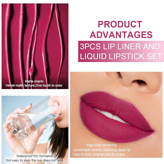 evpct 3Pcs Mauve pink Berry pink Rose red Lip Stain Paint Matte Lip Liner and Lipstick Set Long Lasting labiales matte mate larga duracion listip 24 hour a prueba de agua mate 24 horas originales