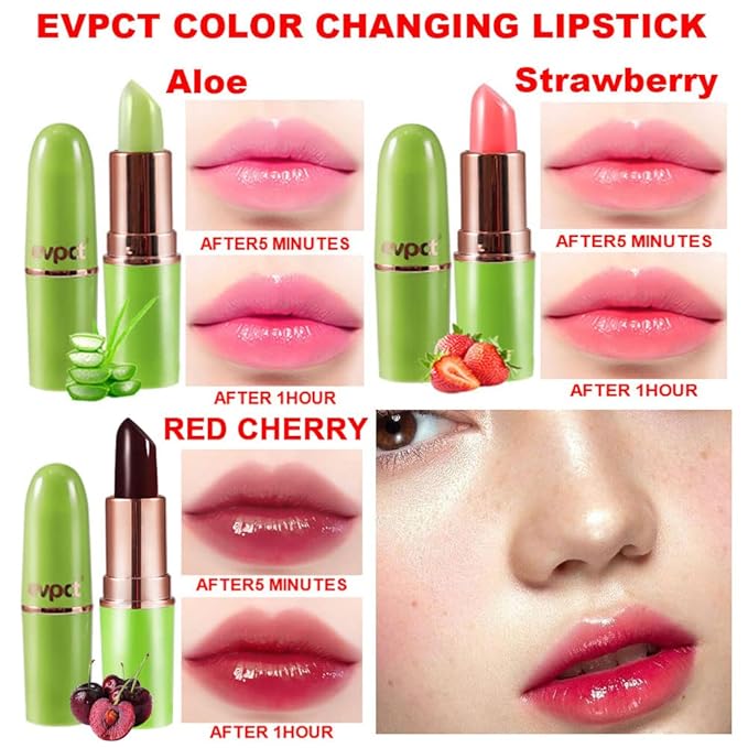 BINGBRUSH Aloe vera Color Changing Lipstick,Moisturizer Long Lasting Lip Care Magic Lip Gloss,Mood Makeup Lipstick Set,24 hours original(3Pcs Aloe+Strawberry+Cherry, 3 Count (Pack of 1))