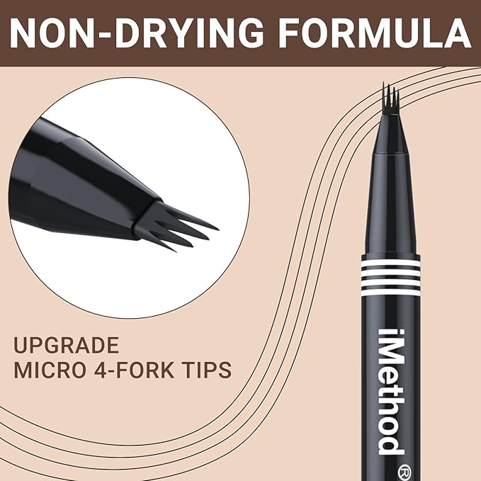 iMethod eyebrow pen - Microblading eyebrow pen, eyebrow pencil with a Micro 4-Fork Tip for Natural Hair-Like Brows, Long-Lasting Eye Brow Pencils for Women, Waterproof, Brown